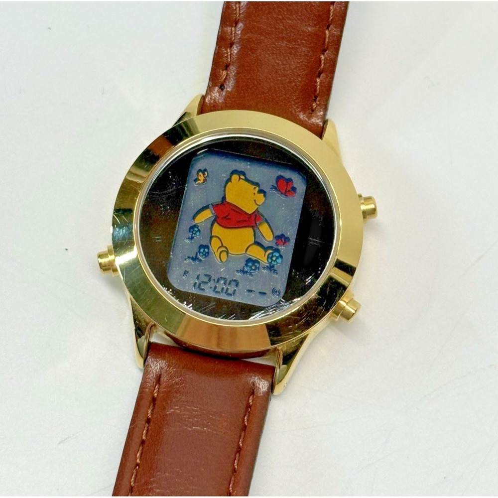 Vintage Disney Pooh Bear Watch S11 Flowers Butterfly Colorful Gold Brown Leather